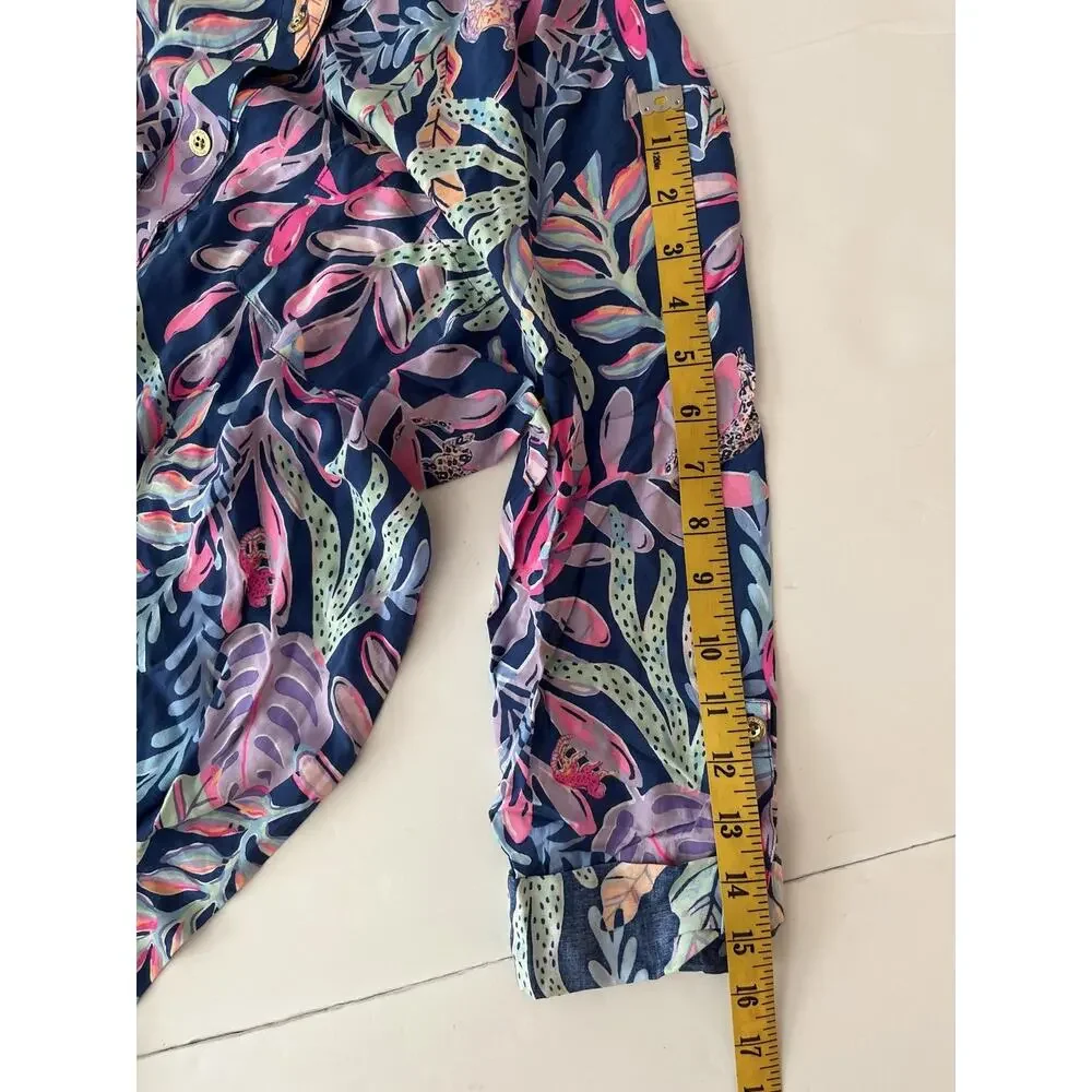 Lilly Pulitzer Natalie Cover Up Womens XS Blue Tropical Print Button Front Tunic